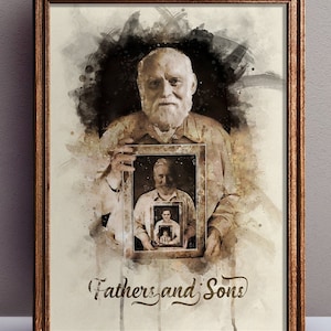 Puede incluir: Una pintura de acuarela de un hombre que sostiene una serie de marcos anidados, cada uno con una versión más joven de sí mismo. Los marcos están dispuestos en tamaño decreciente, creando una representación visual del paso del tiempo. La pintura se titula "Fathers and Sons".
