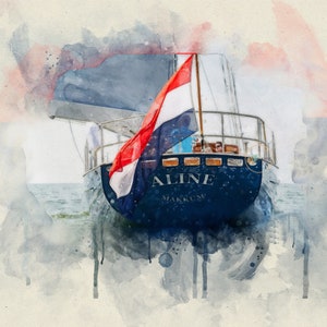 May include: A watercolour painting of a blue sailboat with a Dutch flag. The boat is named "Aline" and is from Makkum.