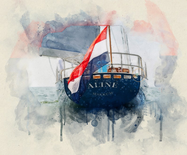 May include: A watercolour painting of a blue sailboat with a Dutch flag. The boat is named "Aline" and is from Makkum.