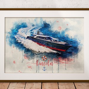 May include: A watercolour painting of a black and white yacht with a red stripe, speeding through blue water with white waves. The painting has a blue and white anchor and the word "lincoln" in cursive.