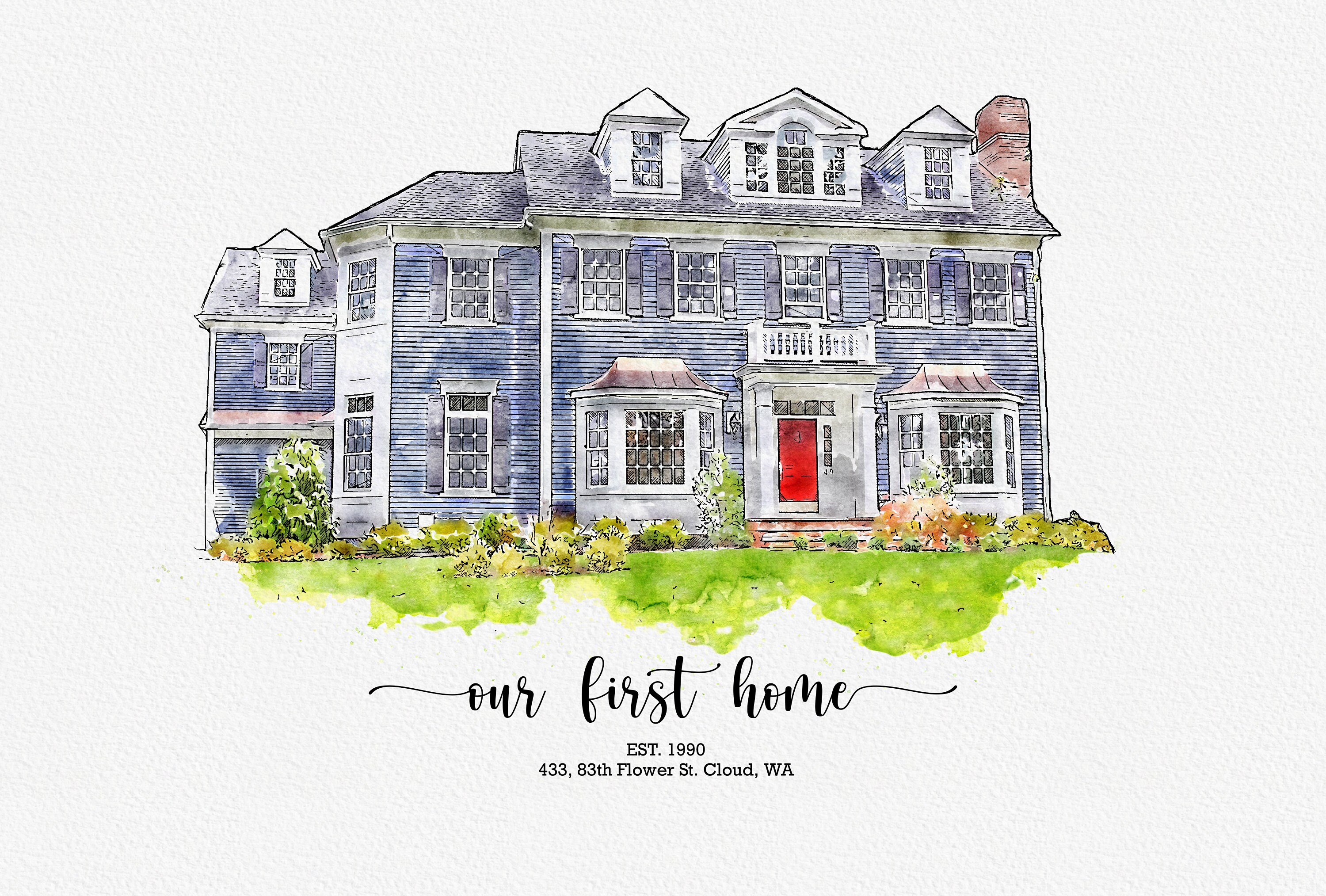 Custom House Portrait, Hand Painted Watercolor Art, Original Painting ...