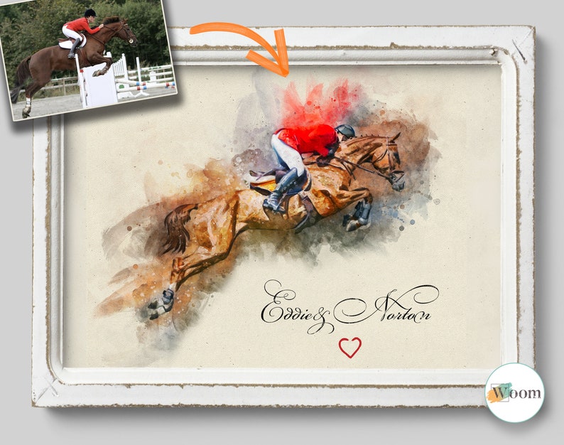 Puede incluir: Una pintura de acuarela de un caballo y un jinete saltando sobre una valla. El jinete lleva una camisa roja y pantalones blancos. El caballo es marr&oacute;n con una estrella blanca en la cara. La pintura est&aacute; enmarcada en un marco blanco. El texto "Eddie & Norton" est&aacute; escrito en cursiva debajo del caballo y el jinete. Un coraz&oacute;n rojo est&aacute; debajo del texto.