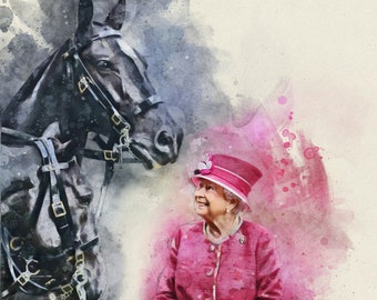 May include: A watercolor painting of Queen Elizabeth II in a pink coat and hat, smiling and looking to the right. A black horse is on the left side of the image. The text "Queen Elizabeth II 1926-2022" is at the top of the image.