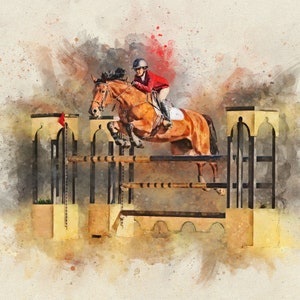 Puede incluir: Una pintura de acuarela de un caballo y un jinete saltando una valla. El caballo es marr&oacute;n y el jinete lleva una chaqueta roja y un casco blanco.