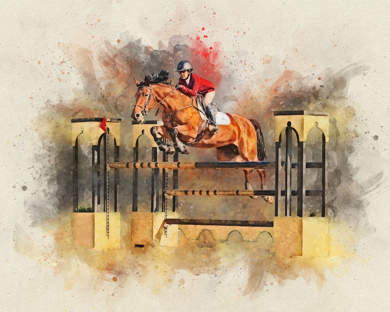 Puede incluir: Una pintura de acuarela de un caballo y un jinete saltando una valla. El caballo es marr&oacute;n y el jinete lleva una chaqueta roja y un casco blanco.