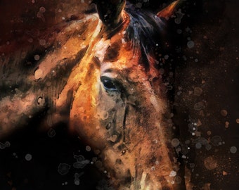 Extra Large Brown Horse Wall Decor, Brown Rustic Horse Large Horse Portrait Canvas, Abstract Horse, Equine Art, Black Background, Victorian