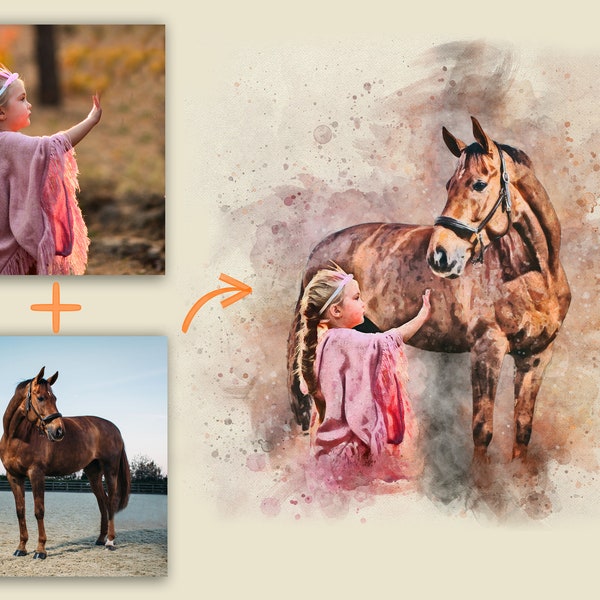 Custom Horse Portrait Combining Different Pictures Together, Merging Photos of Loved Ones, Memorial Gift, Horse Loss Gift, Add-Remove Person