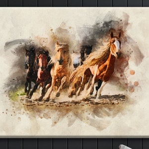 Wild Horses Portrait, Horses Running Painting, Rustic Canvas, Luxury Home Decor, Bedroom Living Room Wall Decor, Extra Large Abstract Horses