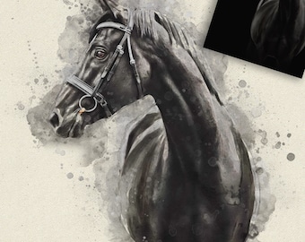 Custom Black Horse Portrait, Watercolour Personalized Drawing Horse Portrait From Photo Personalized Abstract Horse, Horse Owner Gift