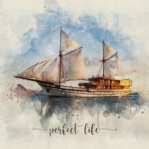 May include: A watercolour painting of a sailboat with white sails and a wooden hull. The boat is sailing on a calm sea with a blue sky and white clouds in the background. The text "perfect life" is written in cursive at the bottom of the image.