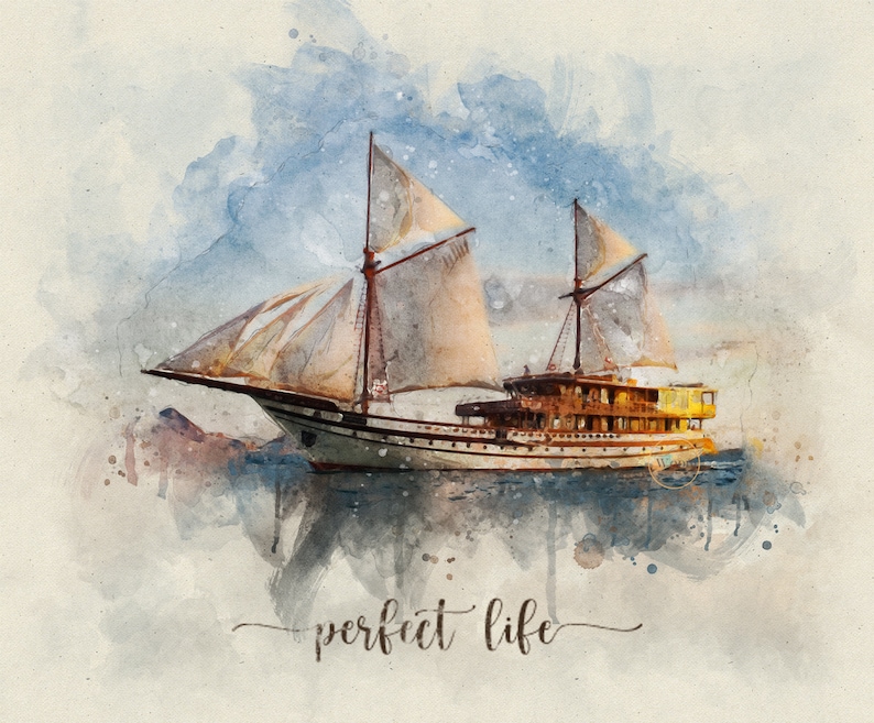 May include: A watercolour painting of a sailboat with white sails and a wooden hull. The boat is sailing on a calm sea with a blue sky and white clouds in the background. The text "perfect life" is written in cursive at the bottom of the image.