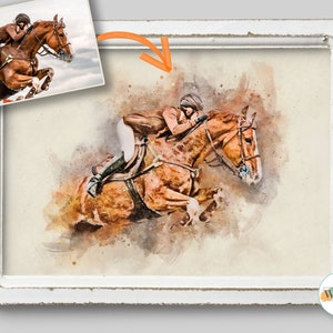Puede incluir: Una pintura de acuarela de una persona montando un caballo marr&oacute;n, saltando sobre una valla. La pintura est&aacute; en un marco blanco con un acabado desgastado.