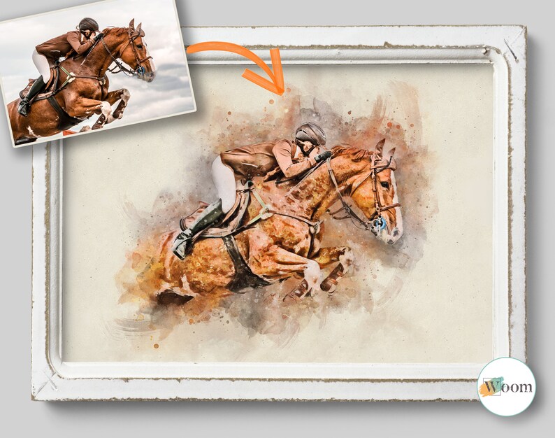 Puede incluir: Una pintura de acuarela de una persona montando un caballo marr&oacute;n, saltando sobre una valla. La pintura est&aacute; en un marco blanco con un acabado desgastado.