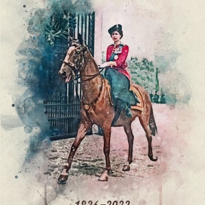 Queen Elizabeth II on a Horse Elizabeth Wall Art Watercolor Portrait British Royalty Painting Younger Queen and Horse Wall Art