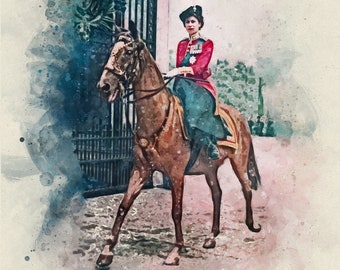 May include: A watercolor painting of a woman in a red and black uniform riding a brown horse. The woman is wearing a black hat and has a serious expression on her face. The painting is set against a backdrop of a gate and trees. The text "1926-2022" is written at the bottom of the painting.
