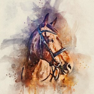 May include: A watercolor painting of a brown horse's head with a blue bridle. The horse is looking to the side and the background is a soft watercolor wash of brown, purple, and blue.