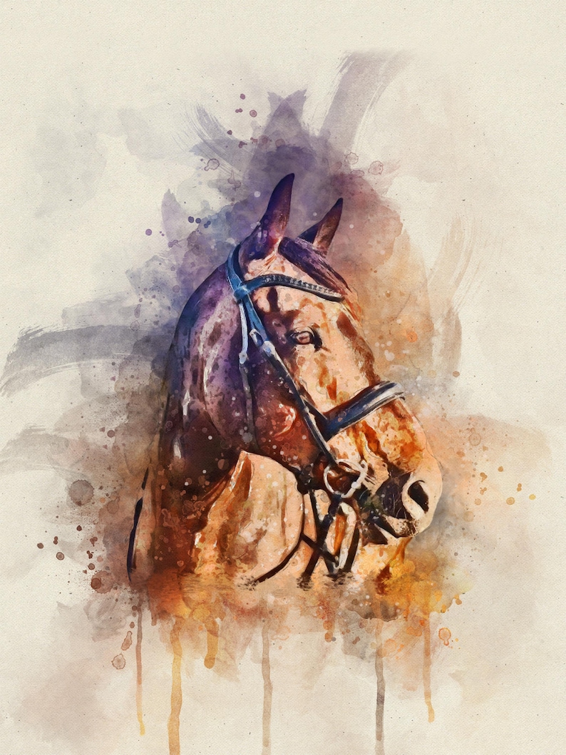 May include: A watercolor painting of a brown horse's head with a blue bridle. The horse is looking to the side and the background is a soft watercolor wash of brown, purple, and blue.