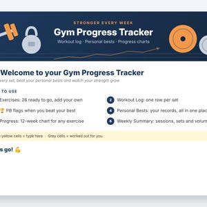 May include: A digital Gym Progress Tracker template featuring a dark blue header with icons of a dumbbell, kettlebell, and weight plates. The text reads Gym Progress Tracker, Welcome to your Gym Progress Tracker, and includes instructions for exercises, workout logs, personal bests, and progress charts.