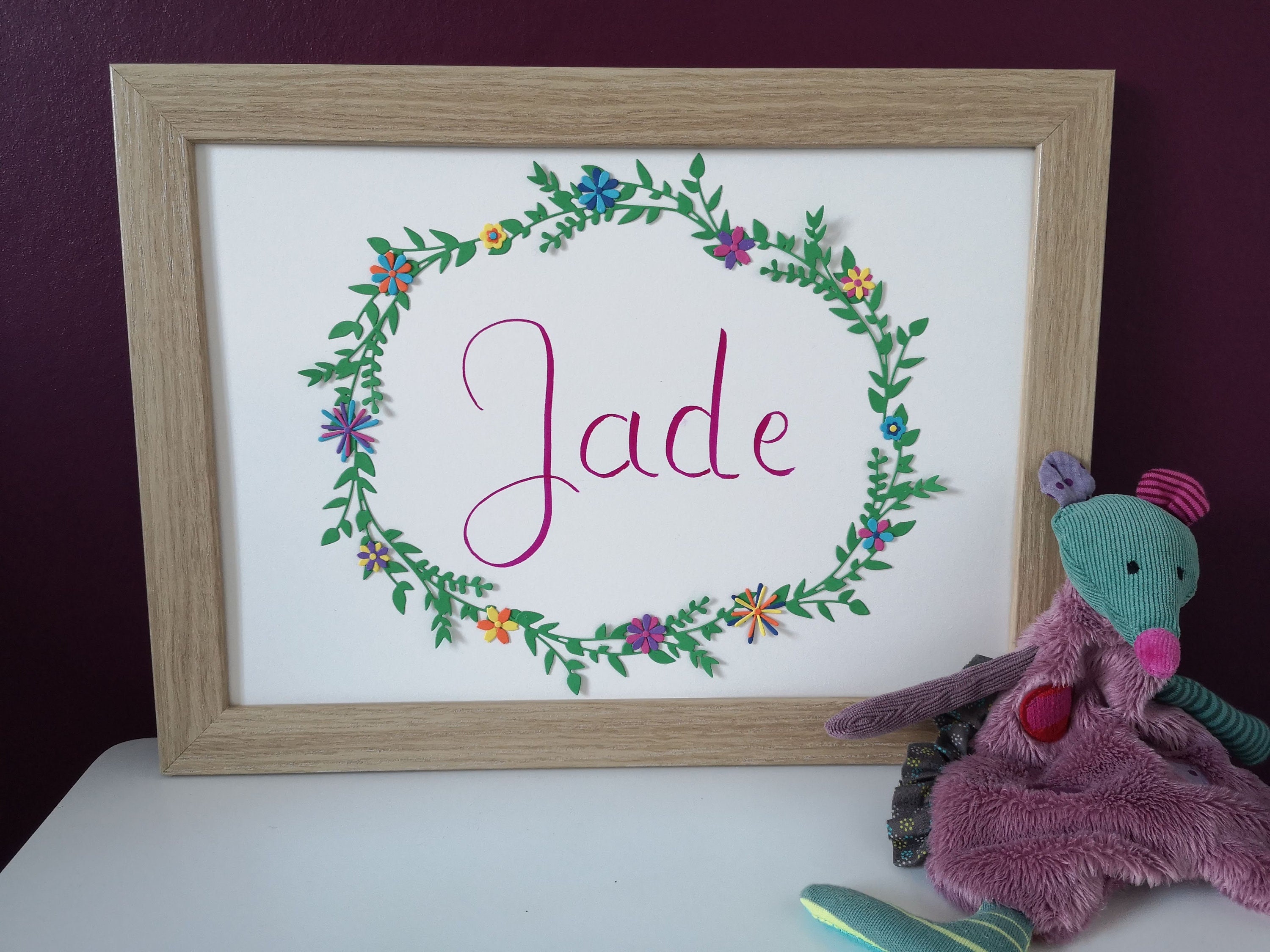 Cadre Personnalisé Couronne de Fleurs/Cadeau Naissance Baptême Personnalisable Décoration Chambre