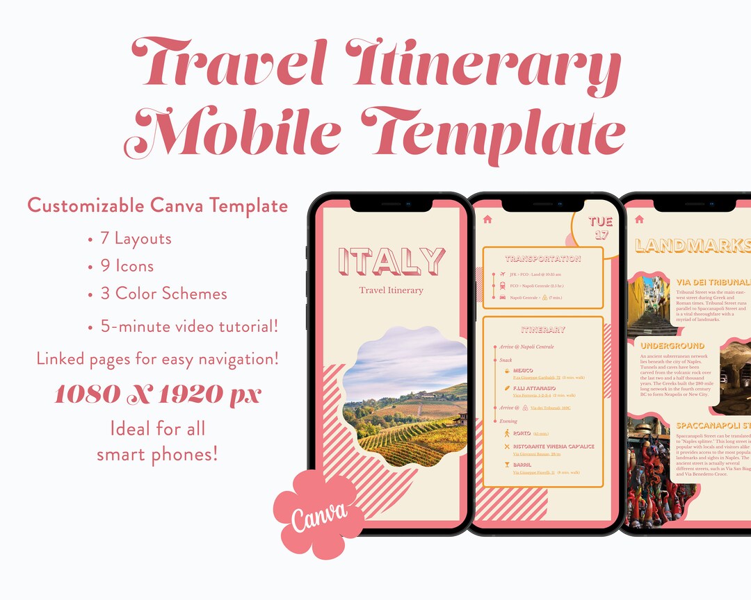 Mobile Travel Itinerary | Travel Itinerary Template | Editable Digital ...