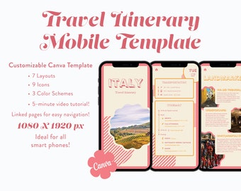 Mobile Travel Itinerary | Travel Itinerary Template | Editable Digital Template | Canva Template | Travel Planner
