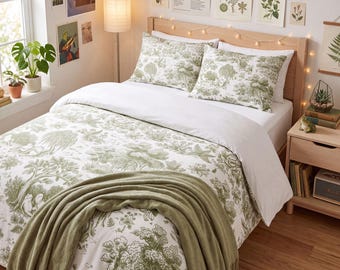 Bettwäsche-Set „Cottagecore Frog Toile“ mit Froschmotiv | Verspielte Bettwäsche mit Waldmotiven | Vintage-Schlafzimmerdeko aus Baumwolle im französischen Landhausstil