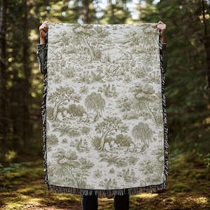 Frog Toile Woven Blanket, Whimsical Woodland Cottagecore Nature Throw, Goblincore Fantasy Decor