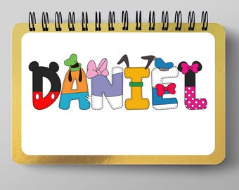 May include: A spiral-bound notepad with the name "DANIEL" spelled out in colorful, cartoon-style letters. Each letter is designed with a different character theme, including Mickey Mouse, Goofy, and Minnie Mouse.