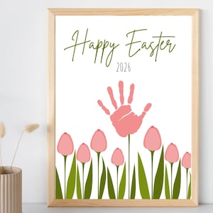 Frohe Ostern 2026 Tulpen Kinder Handabdruck zum Ausdrucken | DIY Baby Ostern Basteln | Ostern Aufnäher Blume | Sofort Download
