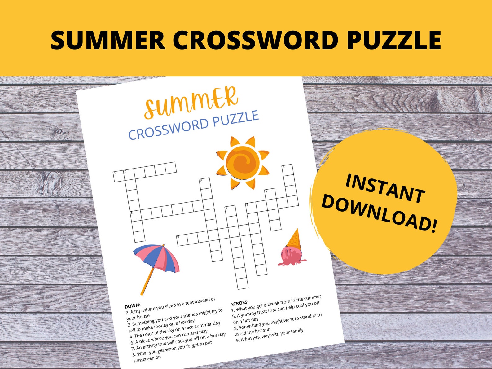Easy Summer Crossword Puzzle printable Party Game Etsy