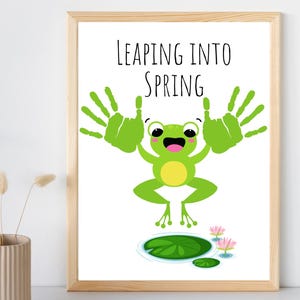 Huella de mano imprimible con el texto Saltando hacia la primavera / Manualidad de primavera para bebés / Plantilla de pintura de dedos de temporada / Descarga instantánea