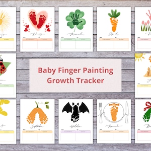 Groeigrafiek vingerverven voor baby's | Ontwikkelingstracker voor het eerste jaar van kinderen| Schilderij babyhand- en voetafdruk | Babyherinnering