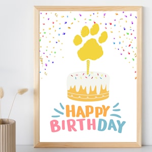 Recuerdo de feliz cumpleaños con huella de pata para imprimir / Tarjeta de cumpleaños con huella de perro para hacer tú mismo / Descarga instantánea / Decoraciones de cumpleaños para cachorros