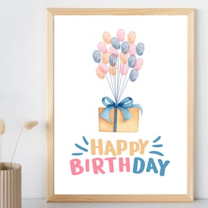 Pintura a dedo de feliz aniversário para impressão | Balões e presentes de aniversário com impressão digital DIY | Cartão de aniversário de criança | Decorações de aniversário