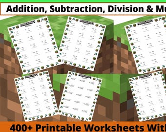 Paquete de hojas de ejercicios de matemáticas de Minecraft: 400 páginas, suma y resta (descarga digital)