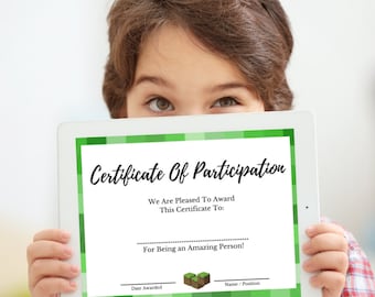 Zertifikat der Teilnahme - Minecraft Theme, 4 verschiedene Zertifikate: Teilnahme, Wertschätzung, Abschluss und Leistung