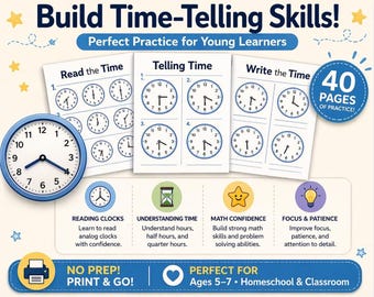 Hojas de trabajo imprimibles para aprender a decir la hora, práctica con relojes analógicos, matemáticas de 1.er grado (PDF, 40 páginas)