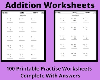 Mathe-Additions-Arbeitsblatt, 100 Übungs-Mathe-Arbeitsblätter mit Lösungen | Ein-, Zwei-, Drei- und Vierstelligenaddition, Math Printable