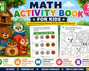 Libro de actividades matemáticas para niños de 4 a 8 años: habilidades para contar dinero, aprendizaje basado en cuentos (PDF imprimible)