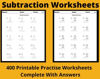 Hoja de trabajo de resta matemática, 400 hojas de trabajo de práctica de matemáticas con respuestas/resta de dígitos simples, dobles, triples y cuádruples, imprimible