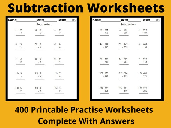 math subtraction worksheet 400 practice math worksheets with etsy