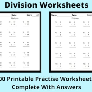 Może przedstawiać: Drukowana karta pracy z 15 zadaniami z dzielenia dla uczniów do rozwiązania. Karta pracy nosi tytuł "Division Worksheets" i ma na górze sekcję z oceną. Karta pracy jest podzielona na dwie kolumny, każda z 7 zadaniami. Zadania to wszystkie zadania z dzielenia jednocyfrowego.
