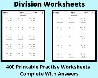 Mathe-Unterteilungs-Arbeitsblätter, 400 Übungs-Mathe-Arbeitsblätter mit Lösungen - ein-, zwei-, drei- und vierstellig, druckbare Mathe-Übungen