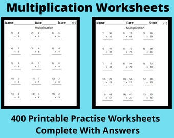 Math Multiplication Worksheets, 400 Practice Math Worksheets with Answers - Single,Double,Triple and Quadruple digits, Printable Math Drills