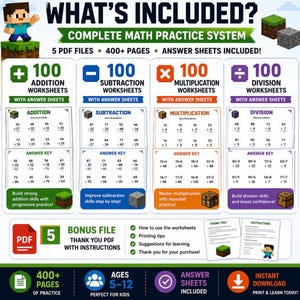 May include: Educational digital download featuring math worksheets for ages 5-12. Includes addition, subtraction, multiplication, and division problems with answer sheets. The system contains 400+ pages of practice and is available for instant download.