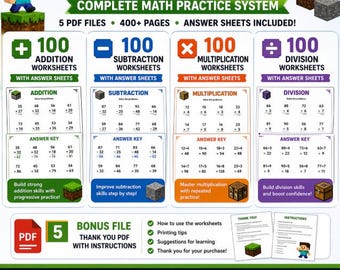 Paquete de 400 hojas de ejercicios de matemáticas imprimibles: suma, resta, multiplicación y división, temática de Minecraft, ideal para la educación en casa.