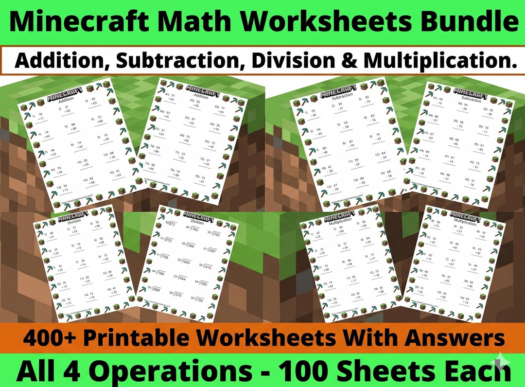 Primary Math Sheets Minecraft Minecraft Math Worksheet Bundle: 400 Pages, Addition, Subtraction ...