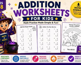 Hojas de ejercicios de suma para niños (imprimibles), práctica de suma con respuestas, matemáticas para educación en casa (edades 5-8) en formato PDF.