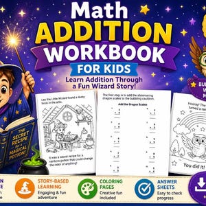 May include: Math Addition Workbook for Kids, ages 5-8. The cover shows a young wizard with a wand and a book titled "The Secret Recipe for a Magical Potion." Includes coloring pages and answer sheets. Learn addition through a fun wizard story.