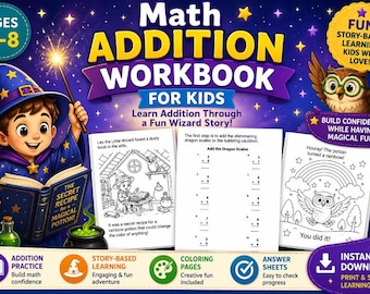 Cuaderno de ejercicios de suma para niños, Wizard Story Learning, edades de 5 a 8 años (descarga en PDF)